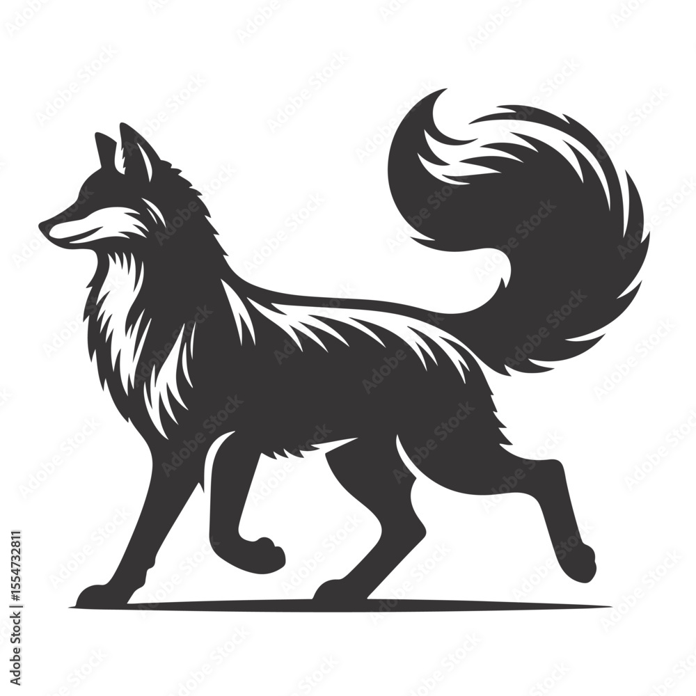 Fototapeta premium Fox silhouette walking with tail up black vector for forest animal graphics nature art and outdoor crafts