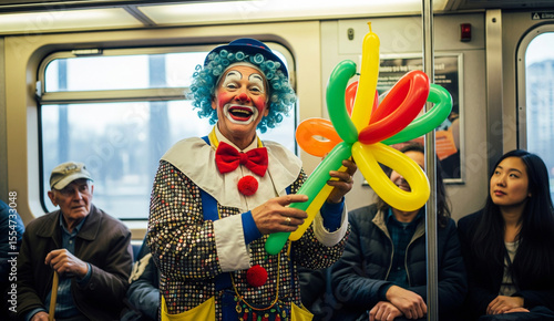 Wallpaper Mural Cheerful Clown Making Balloon Animals on Subway Train – Colorful Urban Lifestyle Moment Captured in Ultra High Resolution Torontodigital.ca