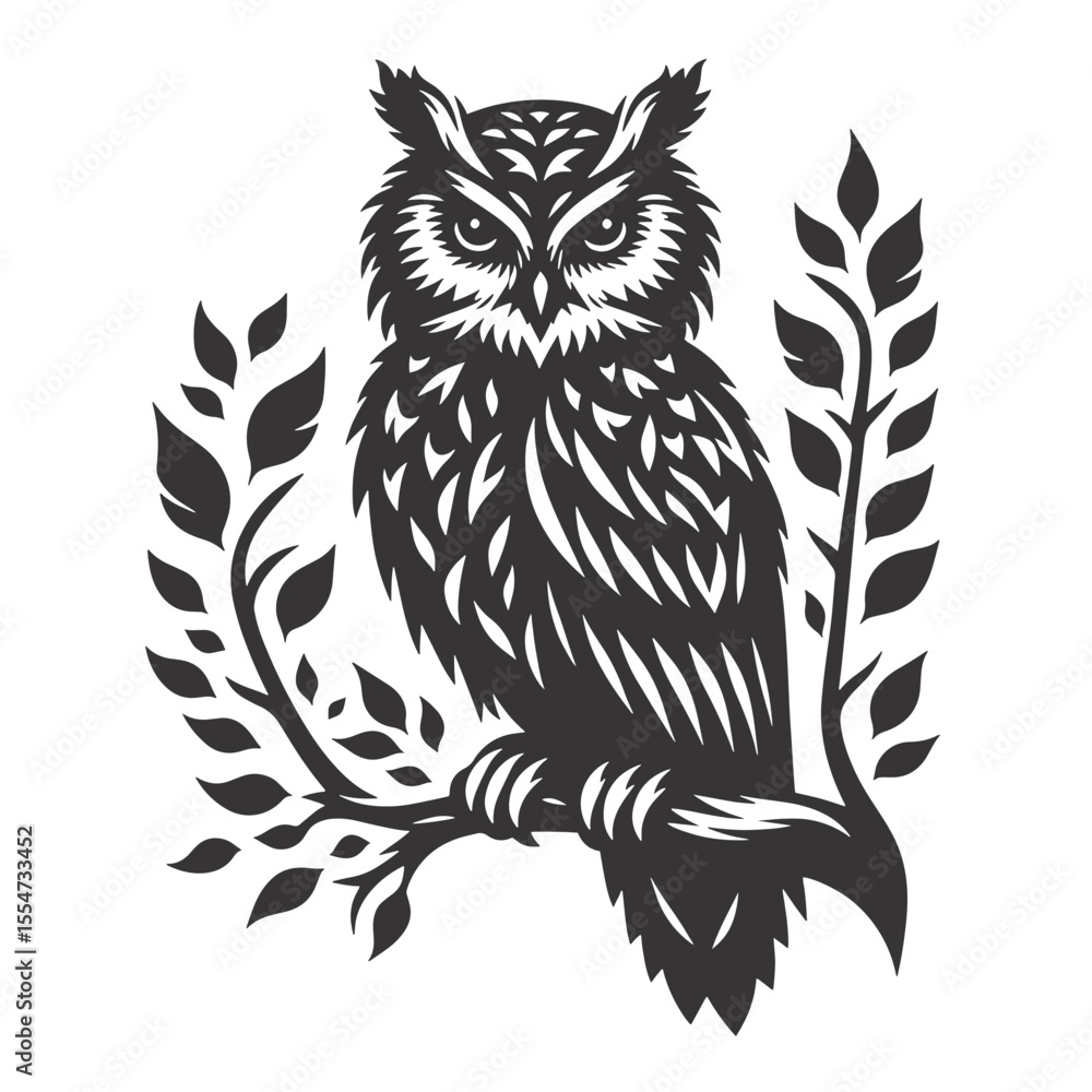 Fototapeta premium Forest Owl Silhouette Sitting – Black Vector Graphic for Night Bird Art and Wildlife Clipart Designs