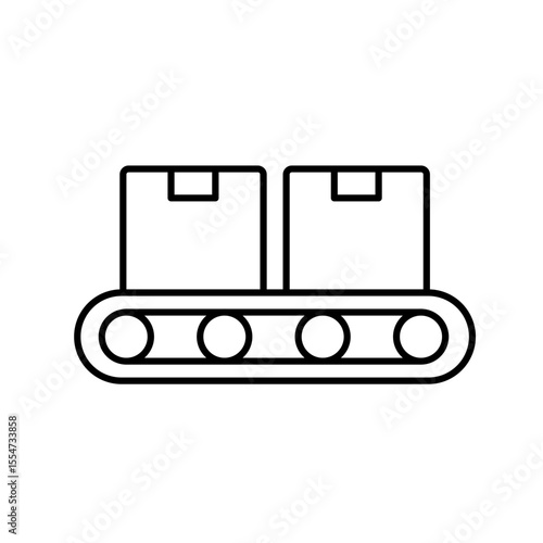 A vector icon of a conveyor belt with packages, representing automated logistics and parcel movement, created in line style with editable stroke