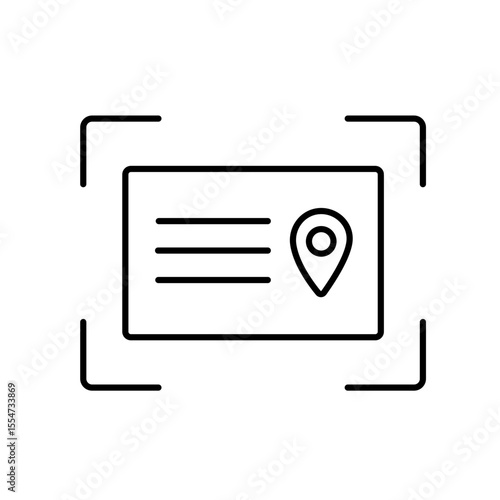A vector icon of an address label with a location pin inside a scanner frame, representing address scanning and verification, created in line style with editable stroke