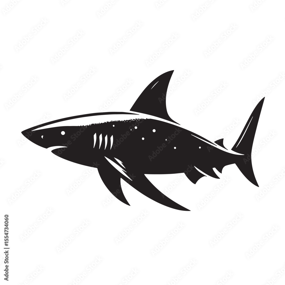 Obraz premium Swimming Sideways Shark Silhouette Black Vector for Ocean Wildlife, Marine Graphics, and Sea Creature Clipart