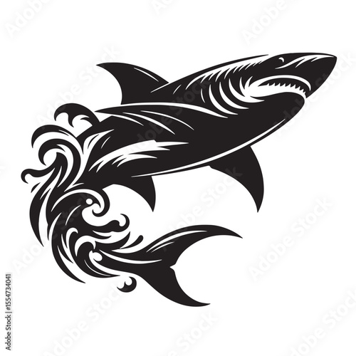 Shark silhouette swimming sideways black vector for ocean wildlife art marine designs and sea creature clipart