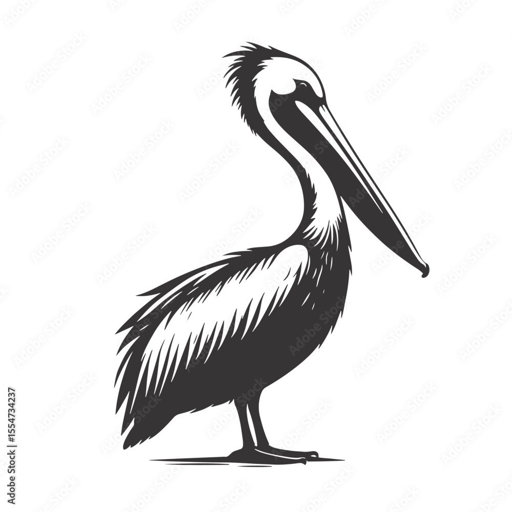 Fototapeta premium Coastal Pelican Silhouette Standing – Black Vector Graphic for Ocean Designs and Wildlife Clipart
