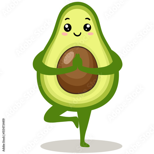 Avocado yoga. Avocado character design on white background. Avocado namaste asans. Cute vector illustration for greeting cards, stickers, fabric, websites and prints.