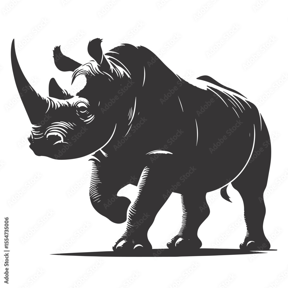 Fototapeta premium Walking rhinoceros silhouette black vector for safari wildlife art large animal clipart and nature themes