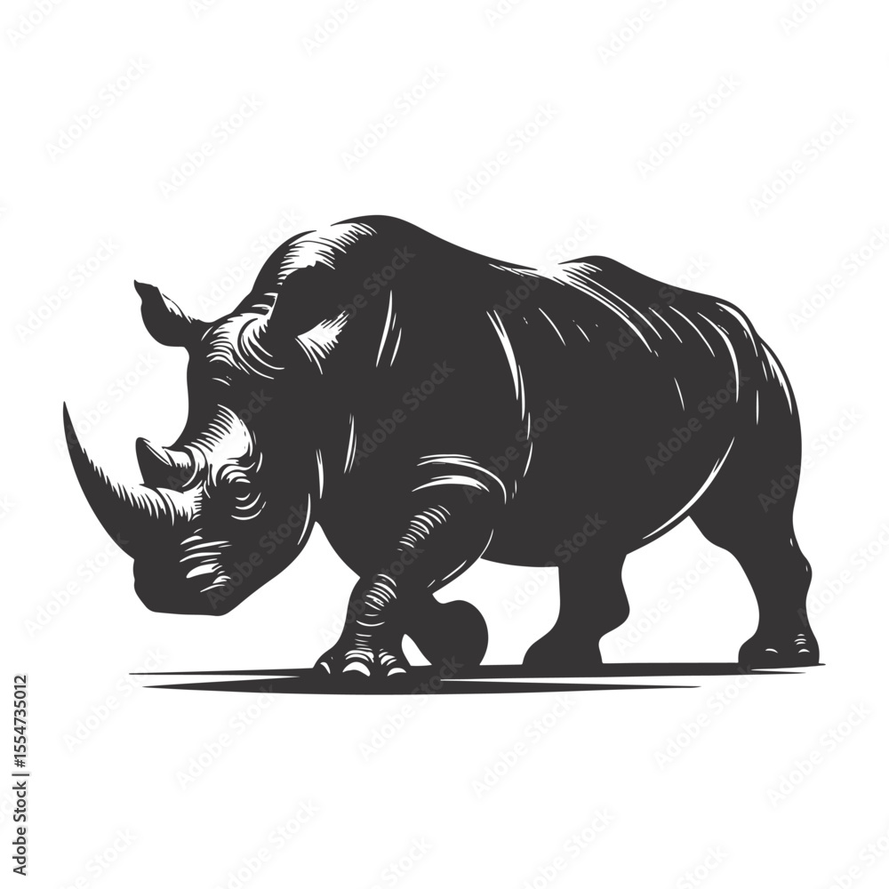 Fototapeta premium Black vector walking rhinoceros silhouette for safari wildlife clipart large animal art nature inspired designs and graphics