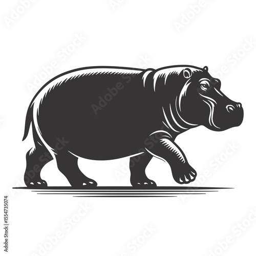 Black vector walking hippo silhouette for water animal clipart safari wildlife art and large nature graphic designs