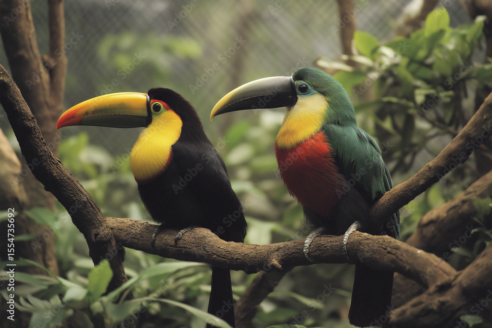 Naklejka premium Two toucans perched on tree branches, toucan