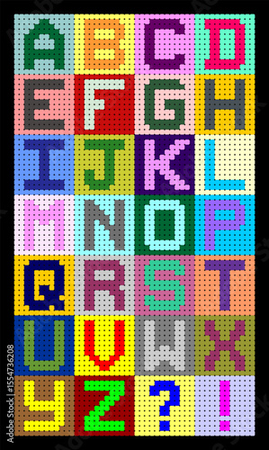 Colorful pixel bead alphabet with A to Z letters and punctuation symbols. Cute and fun digital style for kids craft, learning tools, or retro design.