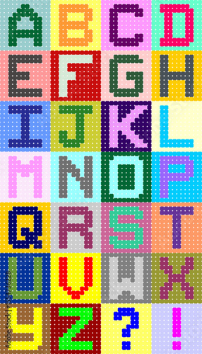Colorful pixel bead alphabet with A to Z letters and punctuation symbols. Cute and fun digital style for kids craft, learning tools, or retro design.
