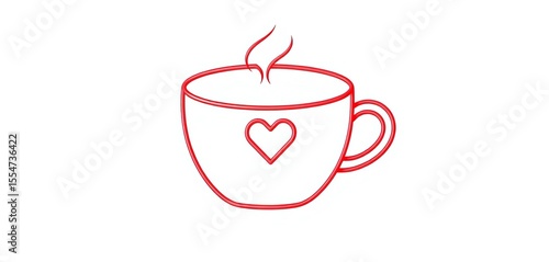 Red line icon of a steaming hot coffee or tea cup with a heart shape on white background, warm, vector