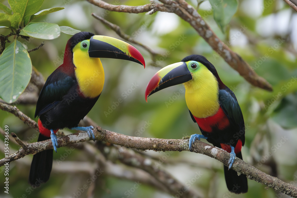 Fototapeta premium Two toucans perched on tree branches, toucan