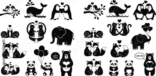 Animal Couples Collection Romantic Birds, Whale, Penguins, Cats, Elephant, Foxes, Panda, Bear Illustrations
