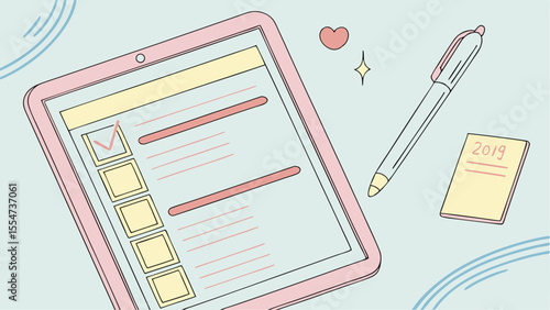 Illustration of a pink tablet with a checklist, a pen, and a small notepad with the year written