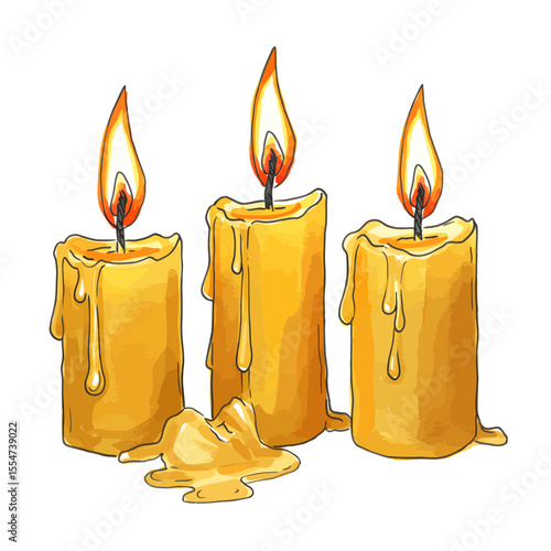 Elegant illustration of three burning candles with dripping wax on a white background