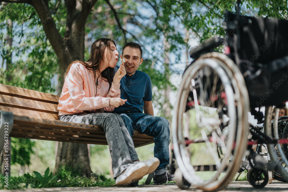 A cheerful couple enjoys a sunny day outdoors sitting together on a bench in the park. A wheelchair is prominently featured, representing accessibility and inclusivity in a natural setting. A cheerful couple enjoys a sunny day outdoors sitting together on a bench in the park. A wheelchair is prominently featured, representing accessibility and inclusivity in a natural setting.