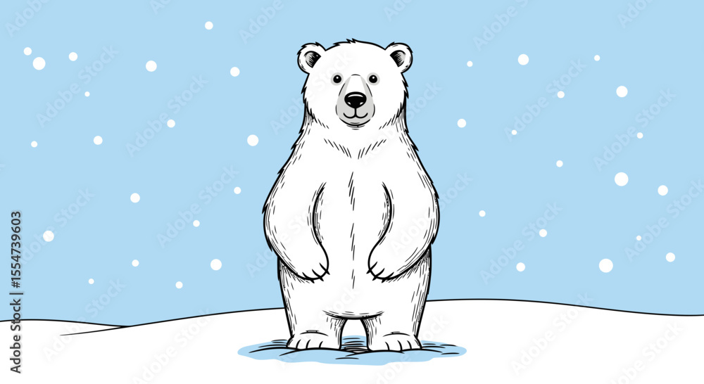 Cartoon polar bear standing in a snowy arctic landscape illustration, winter scene Cartoon polar bear standing in a snowy arctic landscape illustration, winter scene