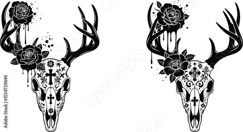 Decorative Deer Skull Illustration with Roses and Crosses for Print and Cut Projects