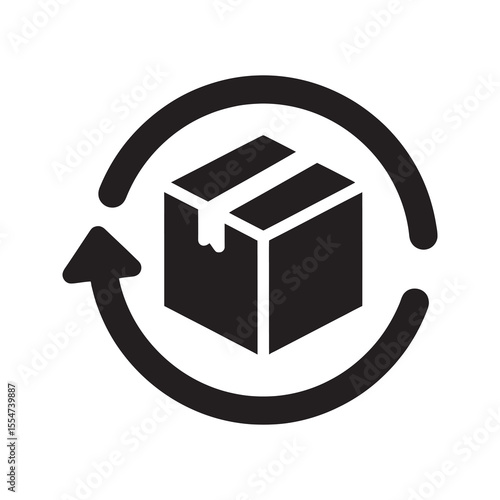 Return package icon with a box and a circular arrow representing product exchange reverse logistics and a money back guarantee for an order vector solid glyph icon