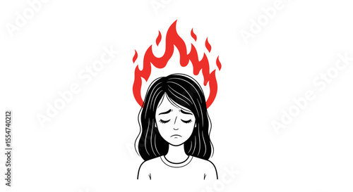 Cartoon depiction of a woman with flames above her head expressing stress and anxiety
