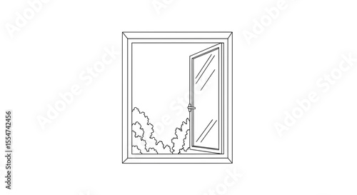Illustration of an open window with a view of trees drawn in black outline
