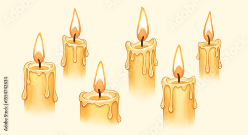 Tableau sur toile Illustration of multiple burning candles with dripping wax on a light background