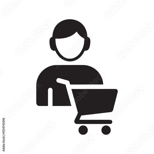 Shopper icon with a person and a shopping cart representing a customer a consumer and retail purchasing in a store or online e-commerce vector solid glyph icon