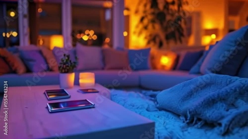 Cozy living room scene at night, showcasing a modern sofa and ambient lighting.