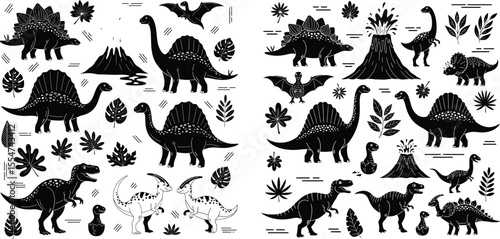 seamless pattern of dinosaurs with volcano and leaves silhouette, prehistoric animals