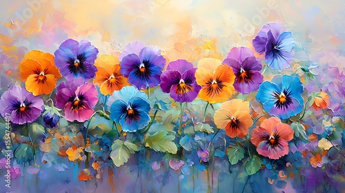 Vibrant Pansies in a Colorful Garden A Stunning Floral Painting of Multicolored Pansies