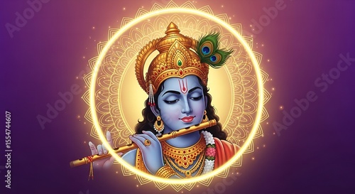 Illustrative Serene Lord Krishna Playing Flute with Ornate Mandala Background Artwork