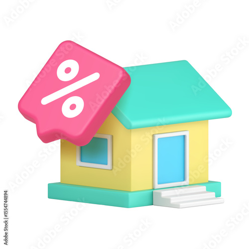 Colorful house with green roof and blue door topped with a pink percent sign, symbolizing mortgage, real estate, or home financing. 3d icon realistic vector illustration.