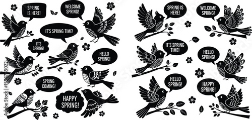 Spring themed seamless pattern illustration featuring birds, flowers, and speech bubbles with spring greetings