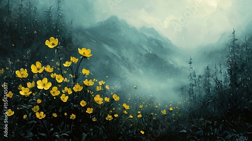 Misty Mountain Landscape with Vibrant Yellow Wildflowers in Bloom