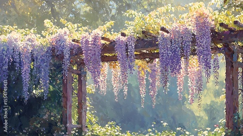 Sunlit Wisteria Arbor Vibrant Purple Flowers Cascading in a Lush Garden