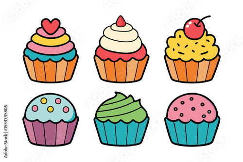 Set of hand drawn cupcake isolated on white background