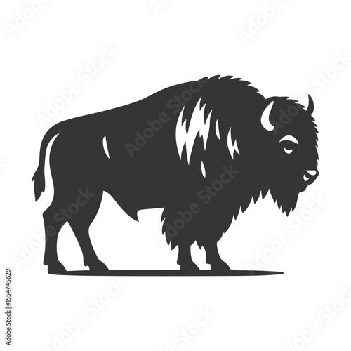 Black vector silhouette of standing bison for prairie wildlife clipart and large mammal nature art