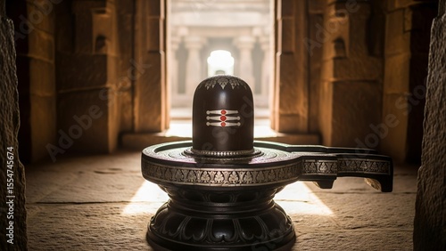 A Shiva Linga of dark wood with silver inlays in a stone temple