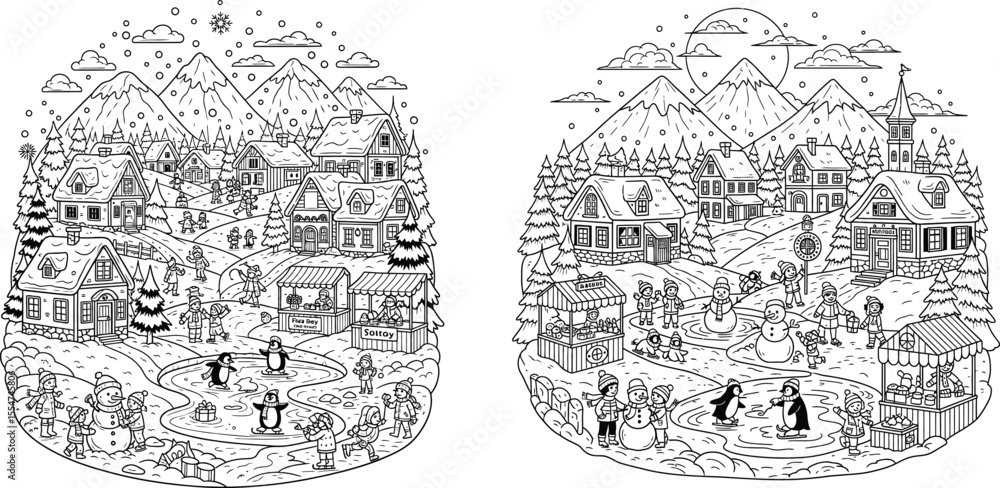 Fototapeta premium Winter village illustration with children playing, skating penguins, and snowy mountain landscape