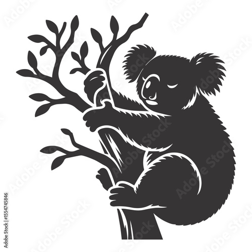 Black vector silhouette of koala clinging to tree for Australian wildlife clipart and cute animal art