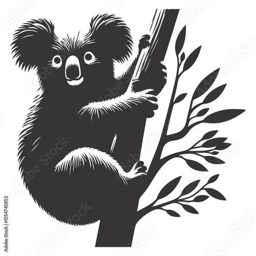 Koala silhouette clinging to tree black vector for Australian wildlife clipart cute animal and nature design