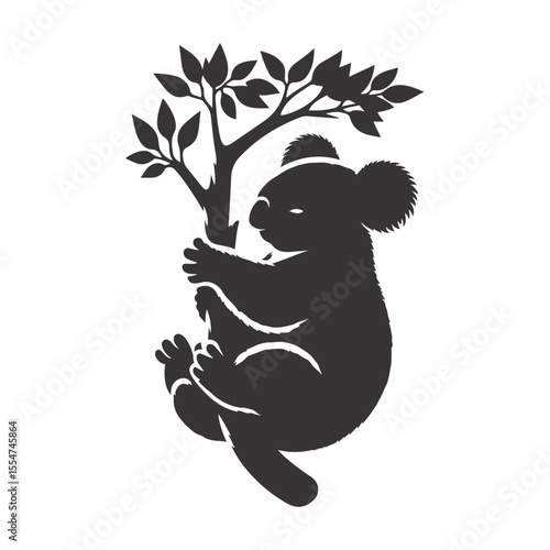 Koala silhouette clinging to tree black vector for Australian wildlife and nature design graphics