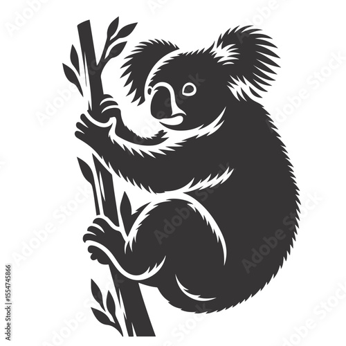 Vector illustration of koala silhouette clinging to tree for cute animal clipart and Australian nature art