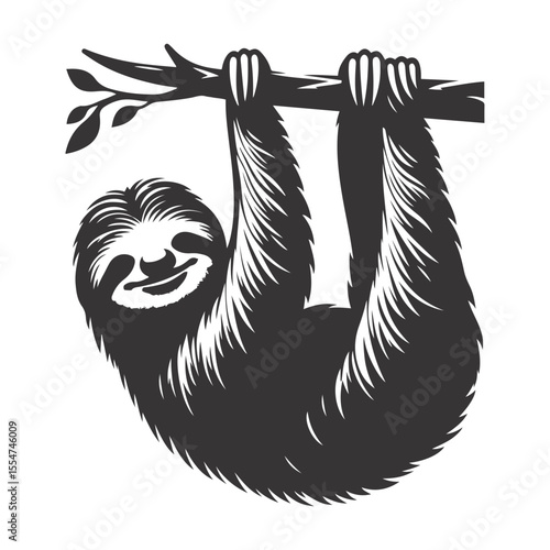 Hanging sloth silhouette black vector for rainforest wildlife clipart lazy animal nature design and tropical tree art