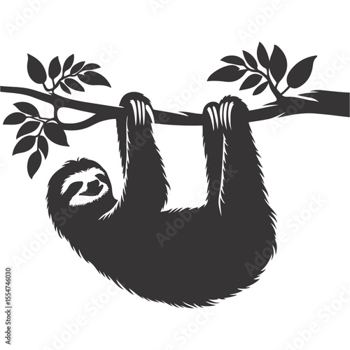 Black vector silhouette of hanging sloth for rainforest wildlife clipart and lazy animal art
