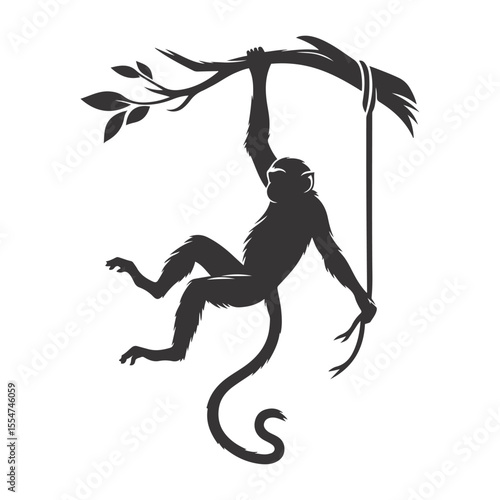 Swinging monkey silhouette black vector for jungle wildlife and fun motion nature designs