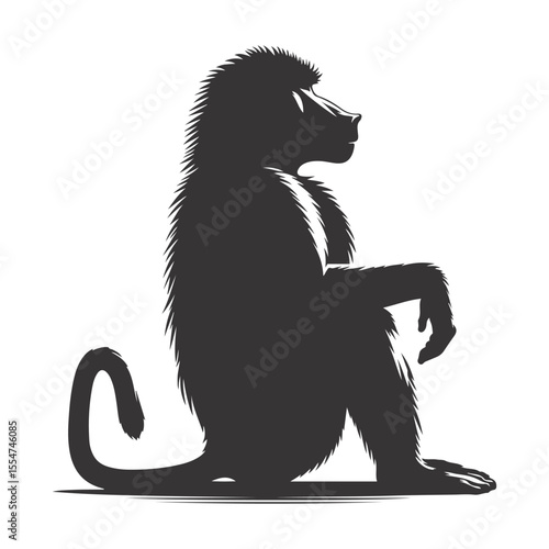 Black vector silhouette of sitting baboon for African wildlife clipart and primate animal art