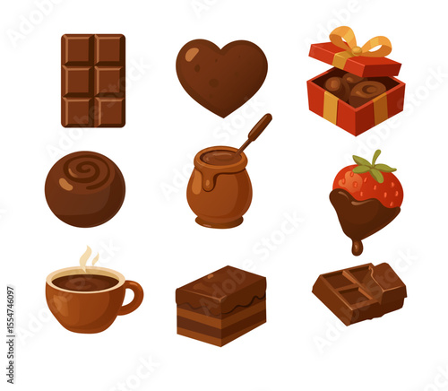 Vector icons of various chocolate treats chocolate bar, heart-shaped chocolate, chocolate gift box, chocolate covered strawberry, chocolate drink, and mor