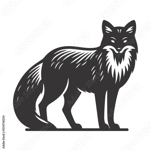 Black vector silhouette of standing fox for forest wildlife clipart and cunning animal art